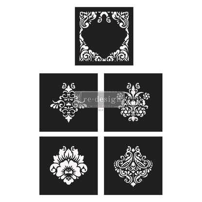 DAMASK ELEMENT - 5 Part Decor Stencils 30.5cm x 30.5cm each by ReDesign with Prima - Stencil - Baillea's Interiors -