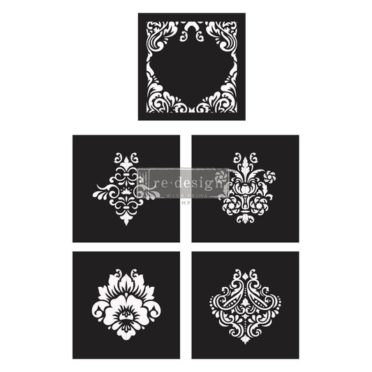 DAMASK ELEMENT - 5 Part Decor Stencils 30.5cm x 30.5cm each by ReDesign with Prima - Stencil - Baillea's Interiors -