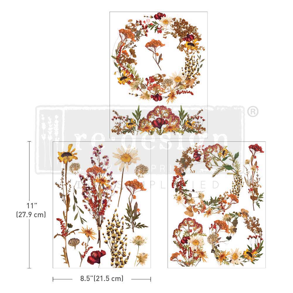 DRIED WILDFLOWERS - 3 sheets - 21.5cm x 27.9cm each - Redesign Decor Transfer Decal - Furniture Transfer - Baillea's Interiors -